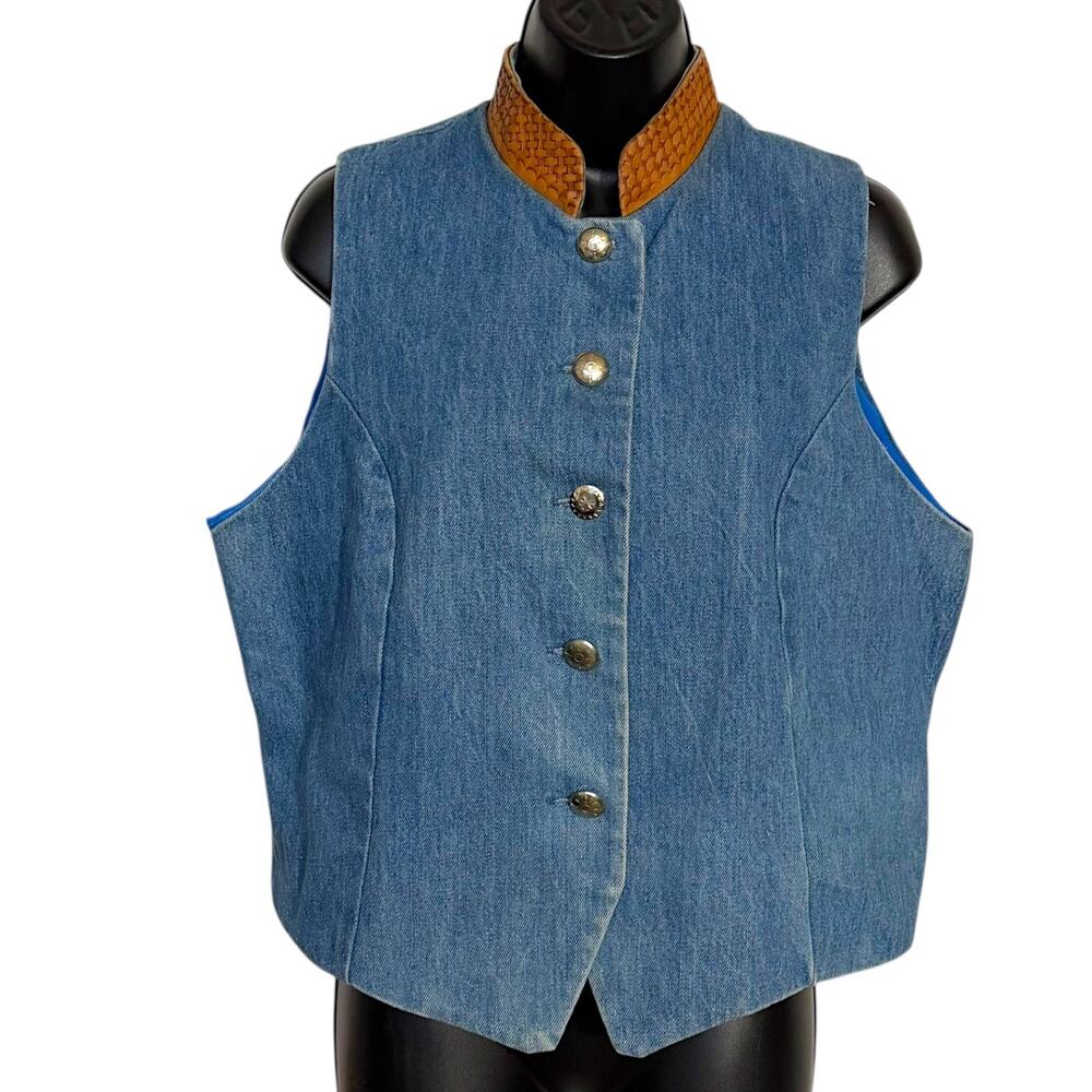 Vintage 80s 90s Western Denim Vest M Blue Jean Stamped Leather Metal Star Button